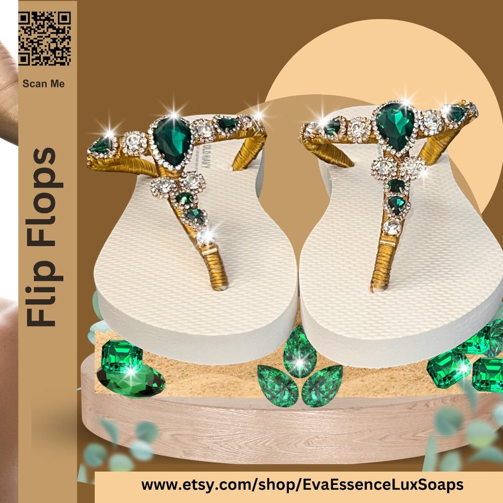 Emerald Green Crystal Beach Flip Flops, Rhinestone Bling Shoe, Bejeweled Shoes,